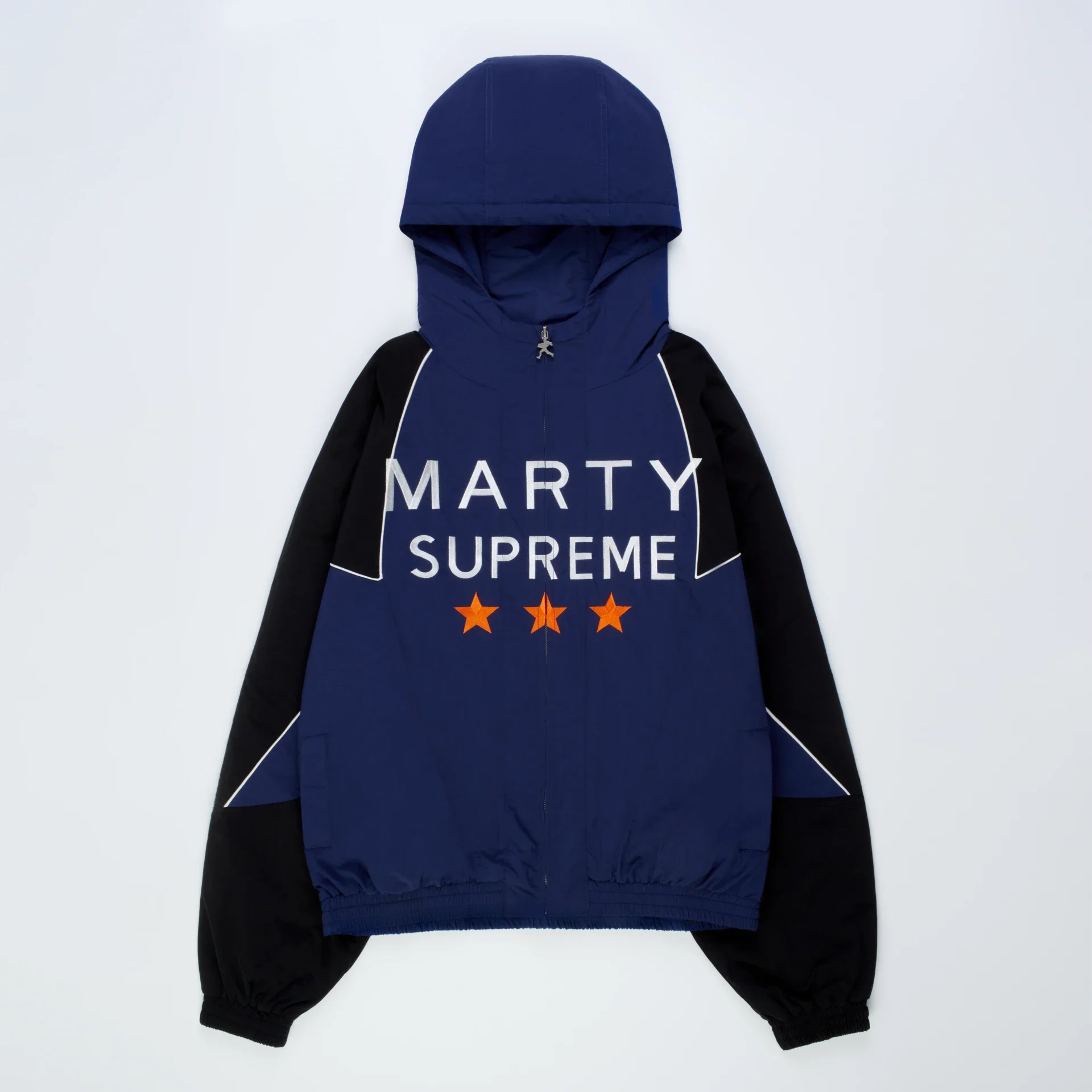 Iconic Navy blue hoodie with 'Marty Supreme' text and stars